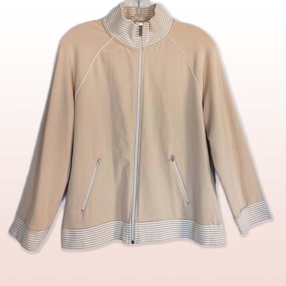 Jones New York Signature Cotton Blend Track Jacket Fawn White Stripe Size L